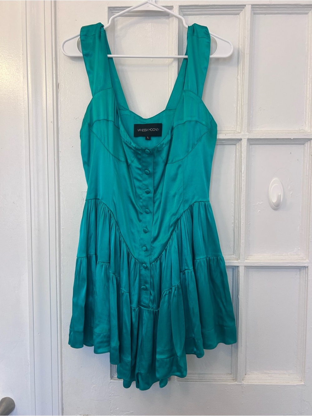 Vanessa Mooney Elisabeth Mini Dress Style Button Down Satin Silky Romper Emerald - Picture 2 of 5
